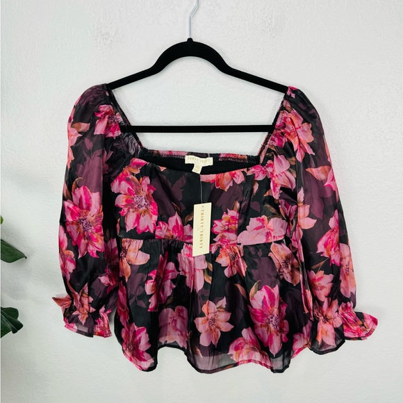 NWT Thirty/Thirty Floral Chiffon Smocked BabyDoll Bubble Long Sleeve Top - Picture 2 of 8